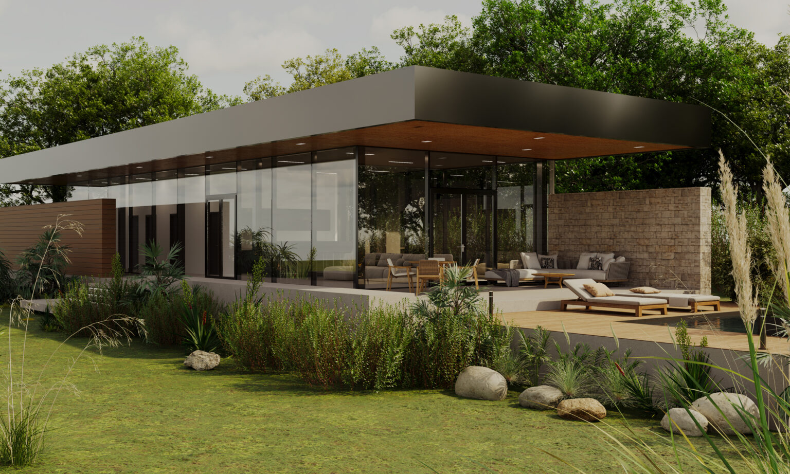 Exterior Of Luxurious Modern Villa With Swimming Pool And Garden.
