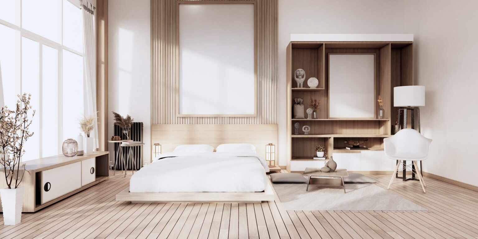 Minimalist Stylish interior of modern wooden room with comfortable bed.3D rendering